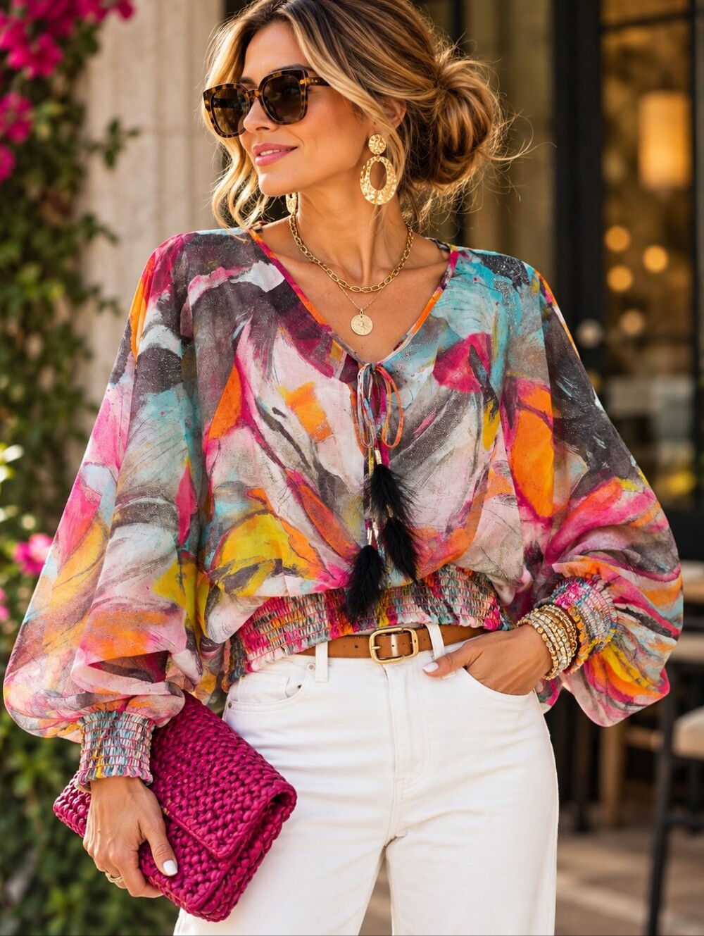 Adrienne Landau Quartz XS Abstract Print Feather Tassel Blouse $99 Retail NWT